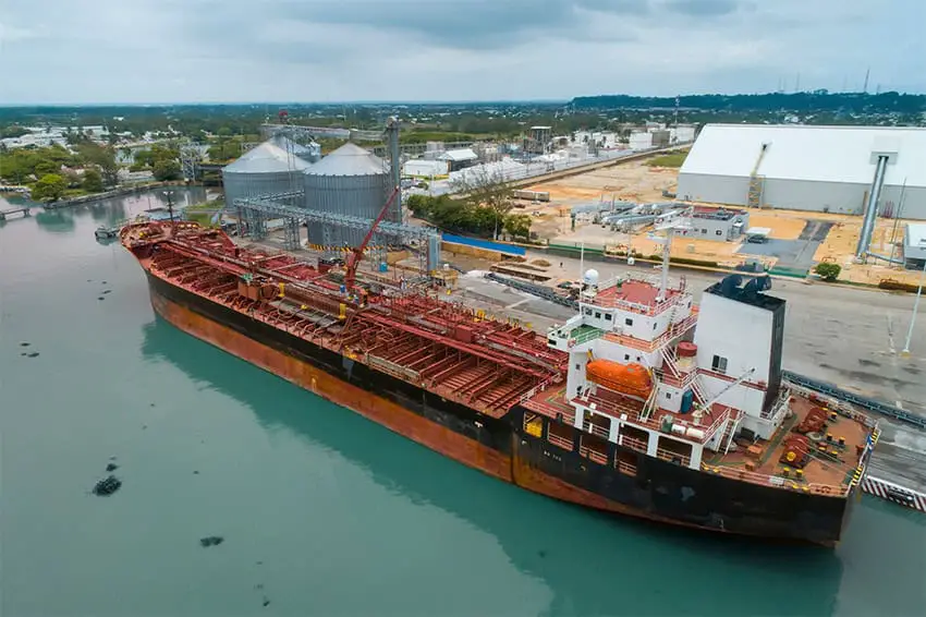 An aerial view of a tanker at port in Coatzacoalcos, Veracruz