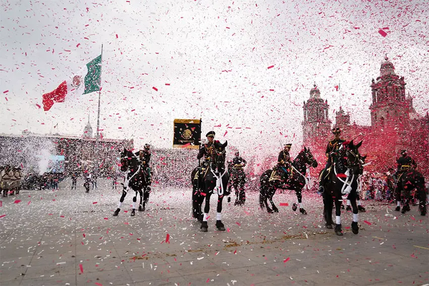 Horses and riders at the 2024 Revolution Day parade in Mexico City