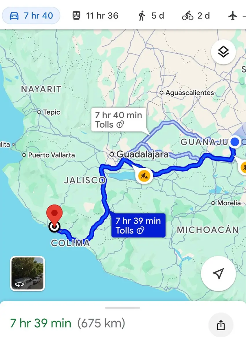 A map showing a driving route from the interior of Mexico to the Pacific coast