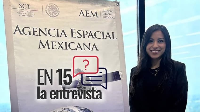 A young dark-haired woman stands next to a banner reading "Agencia Espacial Mexicana."