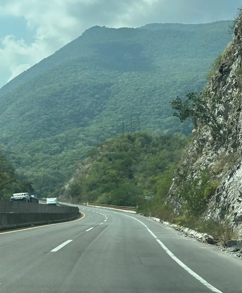 A road curves away from the camera with a lush mountain towering above