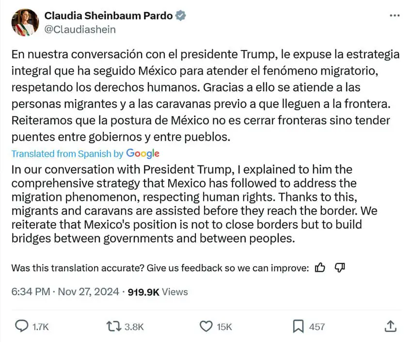 An X post by Mexican President Claudia Sheinbaum denying that she promised Trump she'd close the Mexico-U.S. border to migration.