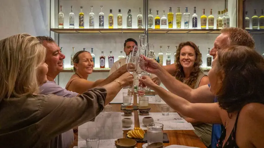 A group of people toasts around a table at El Tasting Room in Puerto Vallarta's Cinco de Diciembre neighborhood