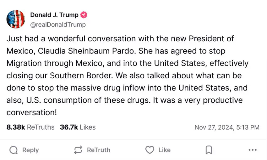 A screenshot of a Truth Social post by Donald Trump, on the topic of his phone call with Mexican President Claudia Sheinbaum