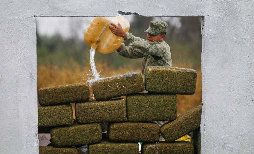 A soldier in combat fatigues pours aa large plastic container of gasoline over several large stacked bales of marijuana, in preparation for incineration.