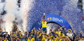 América celebrates its third championship after beating Rayados del Monterrey 3 goals to 2 on aggregate at the BBVA stadium, in the Apertura 2024
