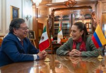 Colombian President Gustavo Petro sits across from Mexican President Claudia Sheinbaum in a room in Mexico's National Palace. Each have next to them small brass stands holding a small flag of each other's country. They are smiling and in mid conversation.