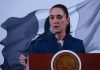 Mexico's President Claudia Sheinbaum at her daily press conference in front of the presidential podium