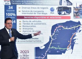 A map of the Maya Train at a press conference