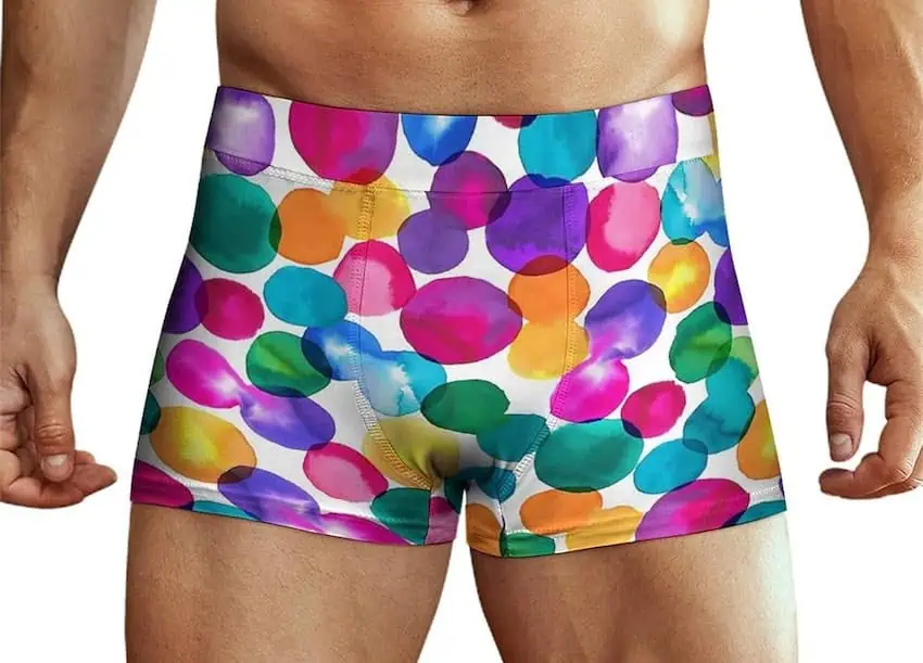 A man wearing colourful boxer shorts