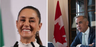 Two photos, one of Mexico president claudia sheinbaum and the other of Canada Prime Minister Mark Carney