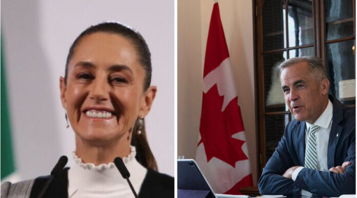 Two photos, one of Mexico president claudia sheinbaum and the other of Canada Prime Minister Mark Carney