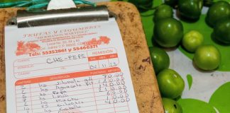 A note tallying purchases at a Mexican market