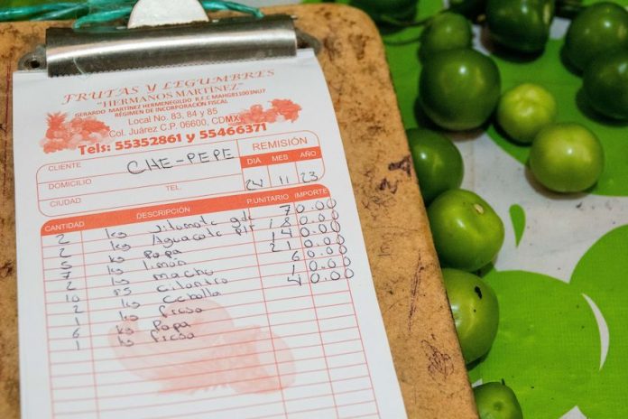 A note tallying purchases at a Mexican market