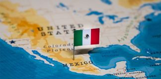 A map of Mexico with a tiny Mexican flag planted on the country