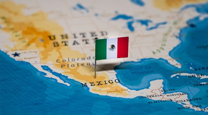 A map of Mexico with a tiny Mexican flag planted on the country