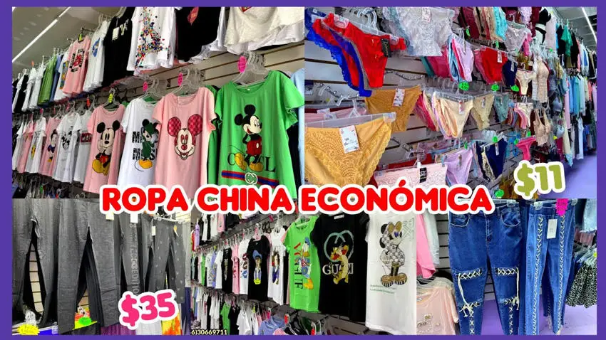 Collage of images of a small store in Mexico City selling cheap t-shirts and everyday clothing like jeans and lingerie.