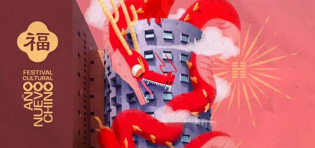 Promotional image for Chinese New Year festival at CENART, red Chinese dragon wrapped around tower