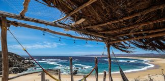 Playa Mayto in Jalisco as seen from within a beach hut. Hammock in foreground