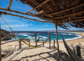 Playa Mayto in Jalisco as seen from within a beach hut. Hammock in foreground