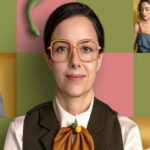 A collage-style promotional image for the series "Serpientes y Escaleras" (Snakes and Ladders), one of the best Mexican TV series in 2025. In the center, actress Cecilia Suarez, who has dark hair and orange-framed glasses, smiles faintly as she looks into the camera. Around her are smaller panels featuring a man in a suit, a woman looking down and a young man with dyed hair. Green and pink snakes are visible in the corners of the central image.