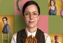 A collage-style promotional image for the series "Serpientes y Escaleras" (Snakes and Ladders), one of the best Mexican TV series in 2025. In the center, actress Cecilia Suarez, who has dark hair and orange-framed glasses, smiles faintly as she looks into the camera. Around her are smaller panels featuring a man in a suit, a woman looking down and a young man with dyed hair. Green and pink snakes are visible in the corners of the central image.