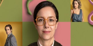 A collage-style promotional image for the series "Serpientes y Escaleras" (Snakes and Ladders), one of the best Mexican TV series in 2025. In the center, actress Cecilia Suarez, who has dark hair and orange-framed glasses, smiles faintly as she looks into the camera. Around her are smaller panels featuring a man in a suit, a woman looking down and a young man with dyed hair. Green and pink snakes are visible in the corners of the central image.