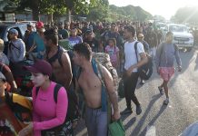 Dozens of people holding backpacks and belongings walk down a paved road in bright sun, with a forest in the background