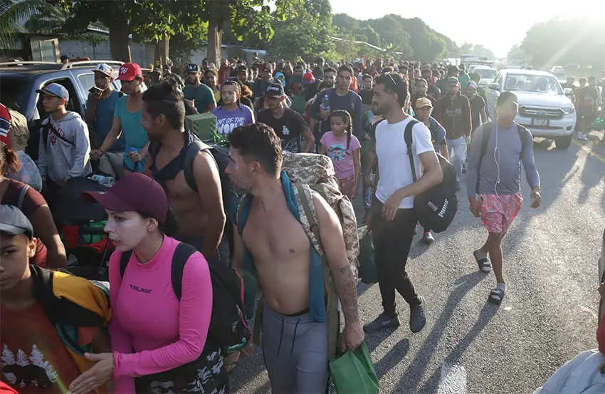 Dozens of people holding backpacks and belongings walk down a paved road in bright sun, with a forest in the background