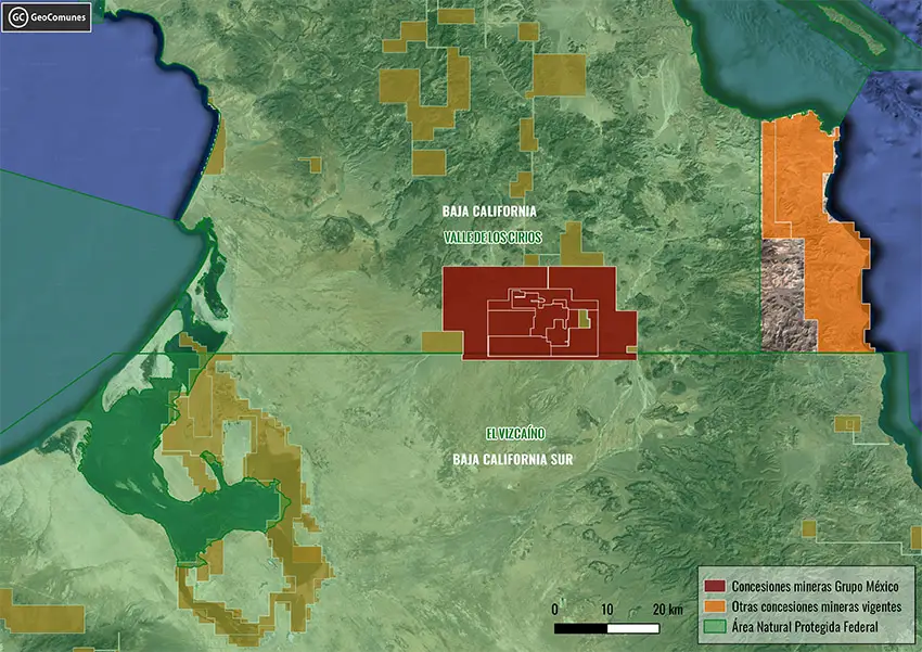 A map showing the location of a proposed copper mine, just north of the border between Baja California and Baja California Sur