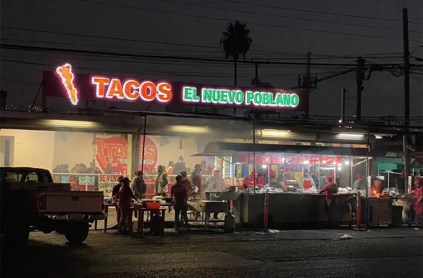 A taquería filled with light and steam at night with the sillouettes of palm trees in the background behind the building