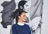 A portrait of Claudia Sheinbaum in front of an illustration of an Indigenous woman holding a Mexican flag