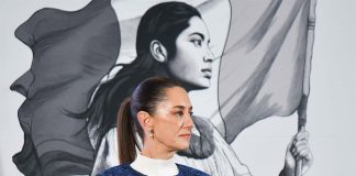 A portrait of Claudia Sheinbaum in front of an illustration of an Indigenous woman holding a Mexican flag