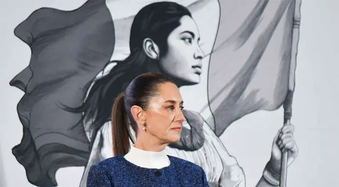 A portrait of Claudia Sheinbaum in front of an illustration of an Indigenous woman holding a Mexican flag