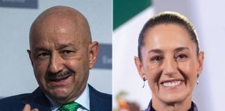 Two portraits, one of Salinas de Gortari and one of President Sheinbaum