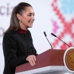 Mexican President Claudia Sheinbaum stands at a podium at her morning press conference, where she discussed a recent New York Times report on fentanyl production in Sinaloa