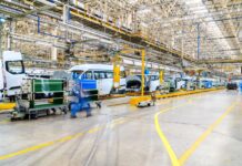 Chassis and machinery inside a car factory