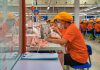 Female employees of a textile factory in Mexico. The women are at work, sitting in rows at tables with industrial sewing machines. They are wearing orange t-shirts and matching orange hats under which their hair is tucked.