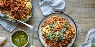 a pasta dish on a table