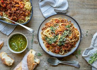 a pasta dish on a table