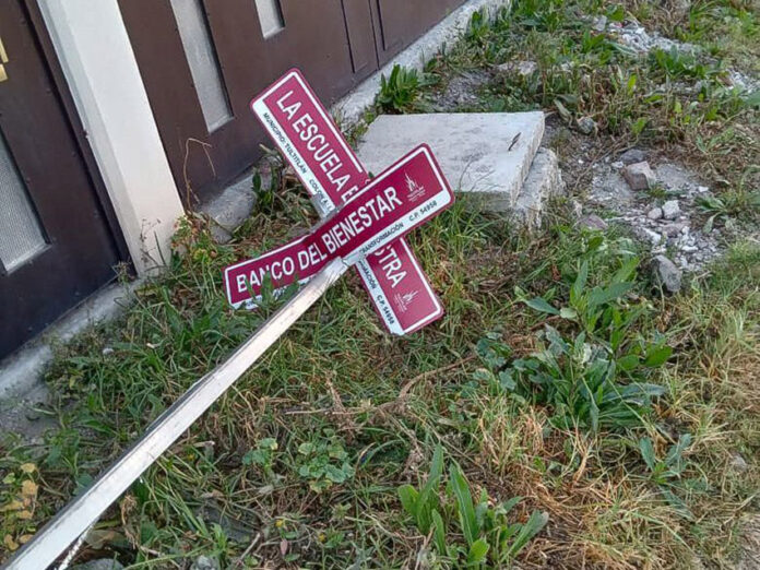 Knocked-down street signs in the México state neighborhood of Colonia 4T