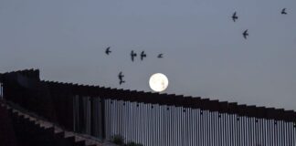 A full moon rises over the Mexico-U.S. border wall