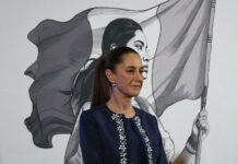 President Sheinbaum stands in front of an illustration of a woman with a Mexican flag at her morning press conference