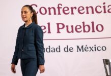 President Claudia Sheinbaum leaves the stage after her Monday morning press conference