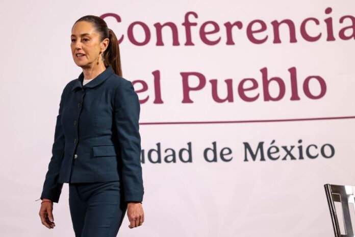 President Claudia Sheinbaum leaves the stage after her Monday morning press conference