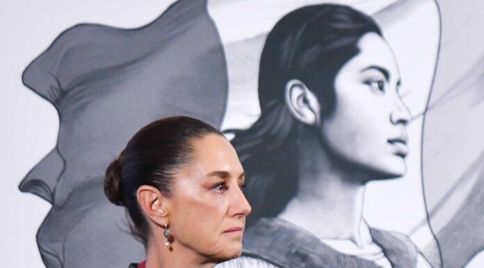 Side profile photo of Mexican President Claudia Sheinbaum at a press conference, standing in a parallel position to her admnistration's logo, a illustration in profile of a young Mexican Indigenous woman standing in front of the Mexican flag