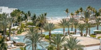Palms surround an irregularly shaped pool next to the ocean at Hilton's Conrad hotel in Punta Mita.