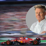 A portrait of Gordon Ramsay superimposed on a Formula 1 race car image