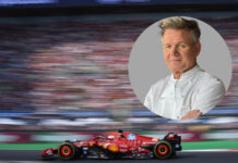 A portrait of Gordon Ramsay superimposed on a Formula 1 race car image