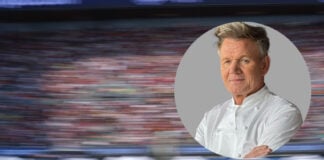 A portrait of Gordon Ramsay superimposed on a Formula 1 race car image